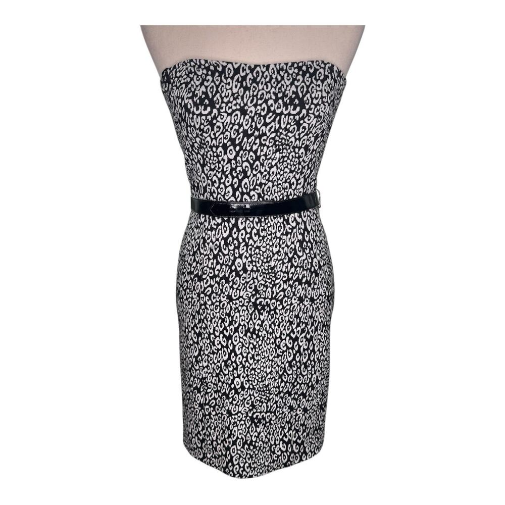Trina Turk Black White Ponte Strapless Belted Sheath Pencil Dress Sz 2 Leopard